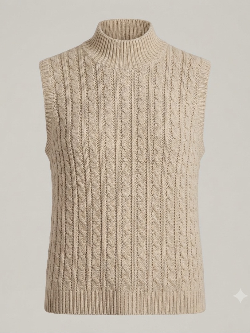 Vintage Cable Knit Sweater Vest Mock Neck Sleeveless Beige Knitwear Large